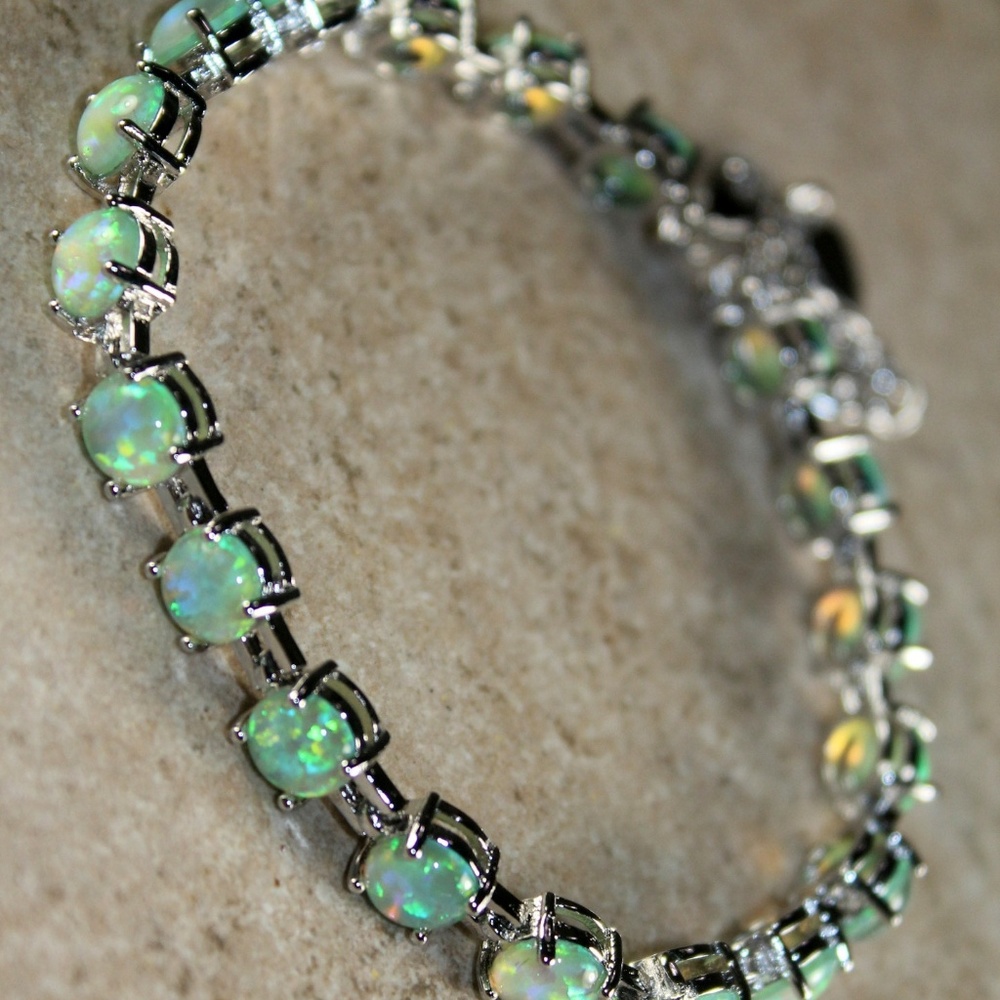 Green Fire Opal Round Silver Bracelet